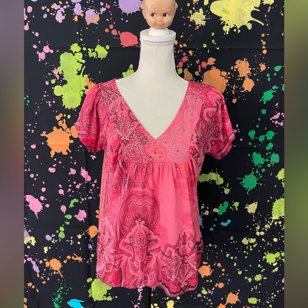 Y2K Live and Let Live Paisley Print Blouse with Rhinestones, Size Petite Medium